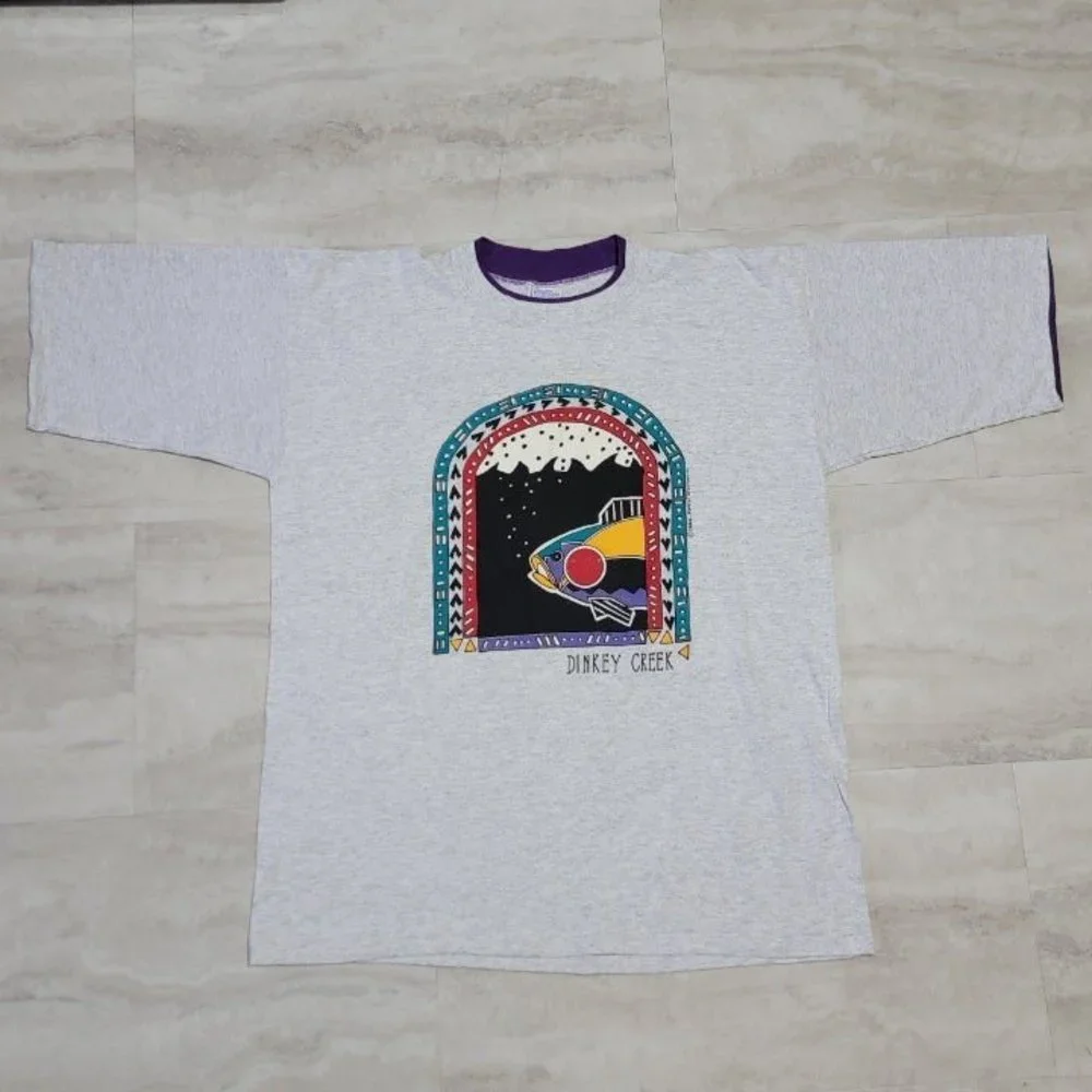 Vintage Dinkey Creek Aztec Fish Graphic Gray Double Collared and Sleeve Premier - Picture 5 of 8